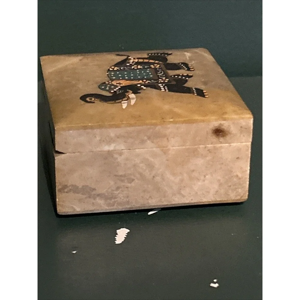 🐘Soapstone Trinket Box Elephant Painted Trunk Up Rectangle Hinged‎ Box🐘